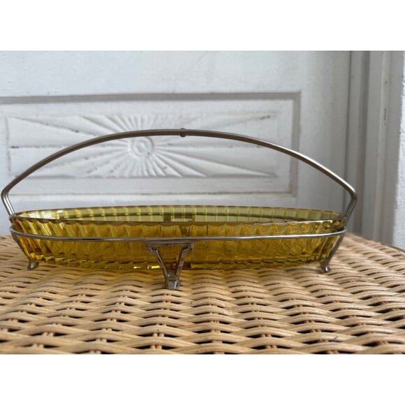 Vintage 50's Heisey Glass Marigold Serving Dish With Chrome Stand - Picture 7 of 8